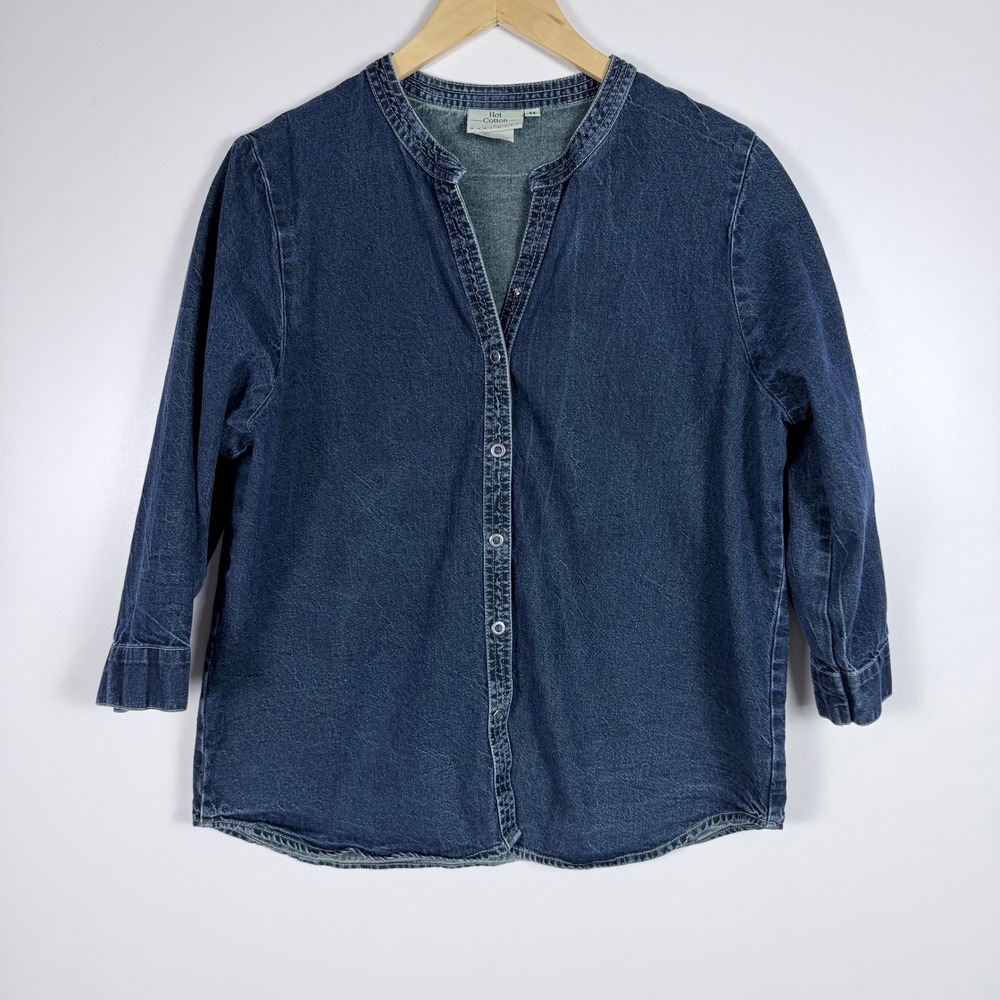Lagenlook Western Vintage Hot Cotton Blue Denim Split Neck Snap Front Shirt M - Picture 2 of 8